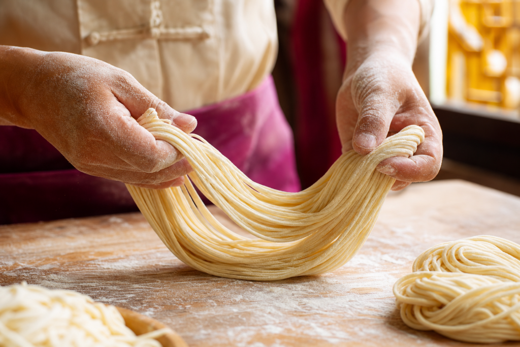 Chef hand-pulling fresh handmade noodles at Long Zhong Jiak