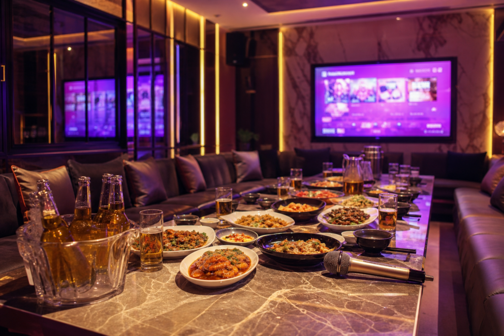 Private KTV room set with a zi-char dinner spread